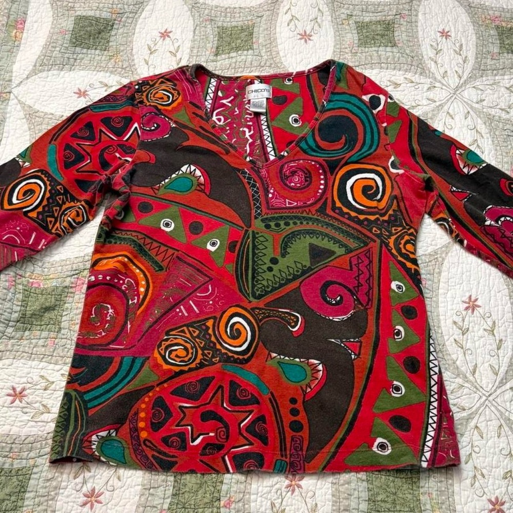 Chicos 3/4 Sleeve Abstract Print V-Neck Top Size Small Red Green Artsy Stretch